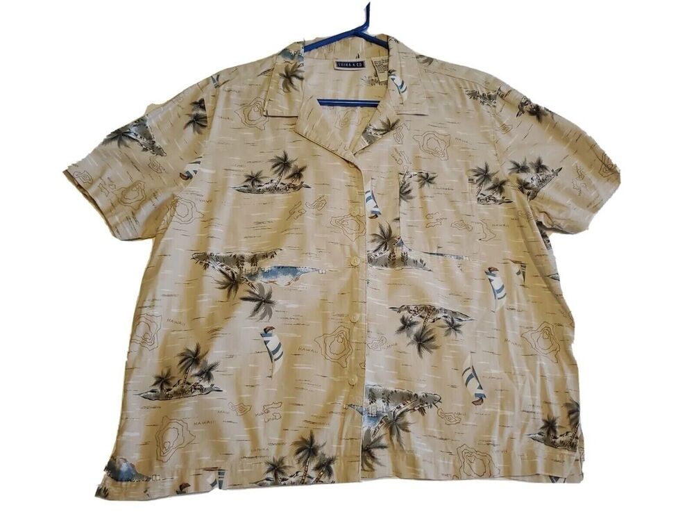 Mens Sz  Lg Hawaiian Button Front Top Tropical Palm Trees Lightweight Erika & Co